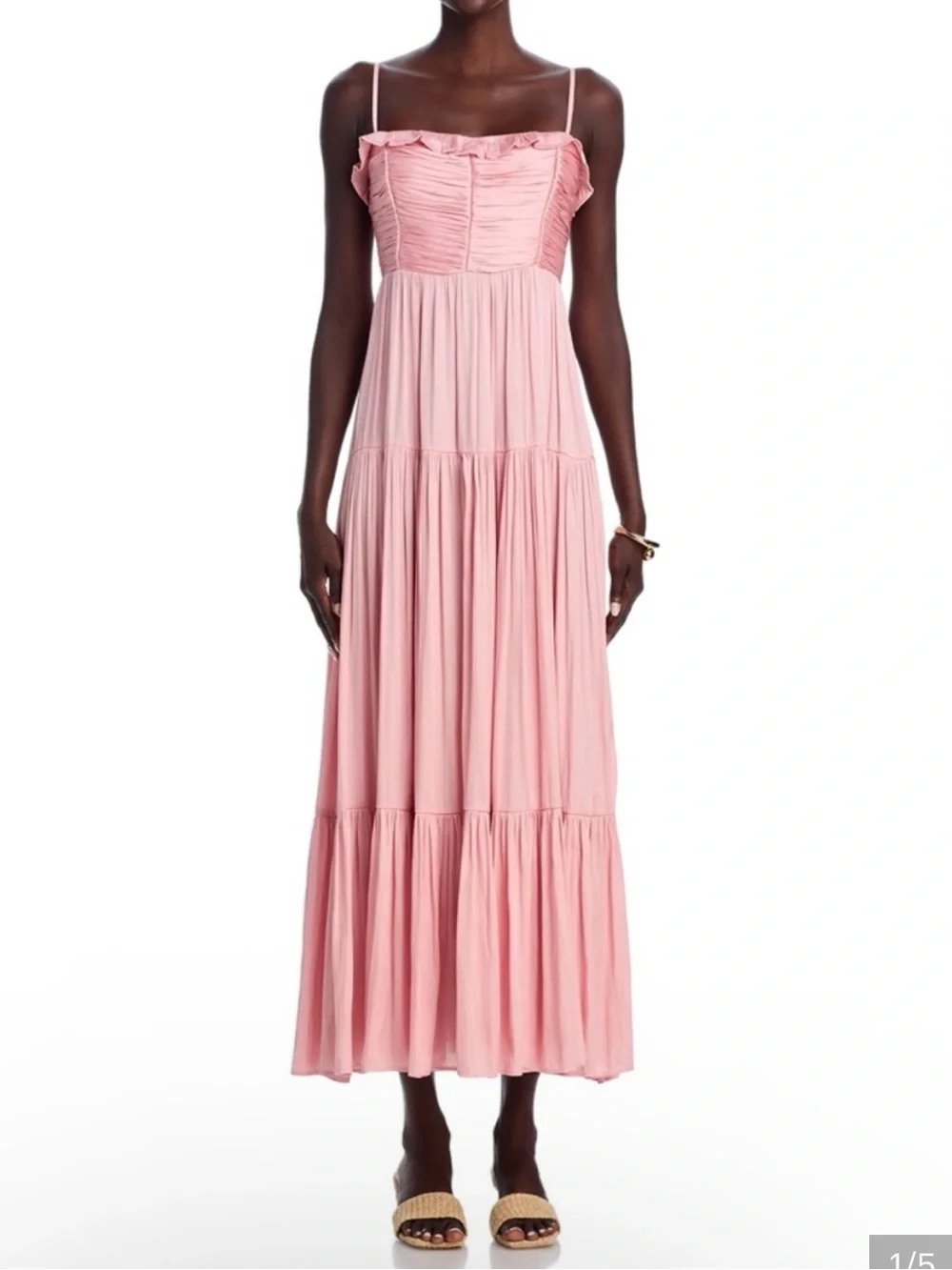 Aqua pink ruffle satin maxi dress